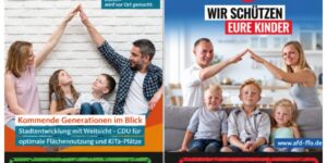 Vergleich zweier Familienmotive von CDU und AfD: Beide zeigen Eltern, die mit ihren Armen ein Dach über Kindern bilden. Beim CDU-Motiv steht „Keine strafrechtlichen Folgen“, beim AfD-Motiv „Rechtskräftig verurteilt“. Überschrift: „Meinungsmache mithilfe der Justiz“.
