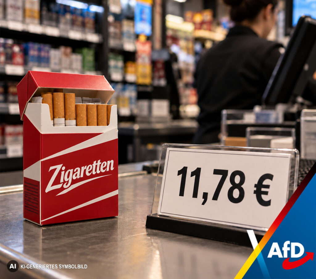 Rote Zigarettenschachtel mit der Aufschrift „Zigaretten“ neben einem Preisschild mit 11,78 Euro an einer Ladenkasse.
